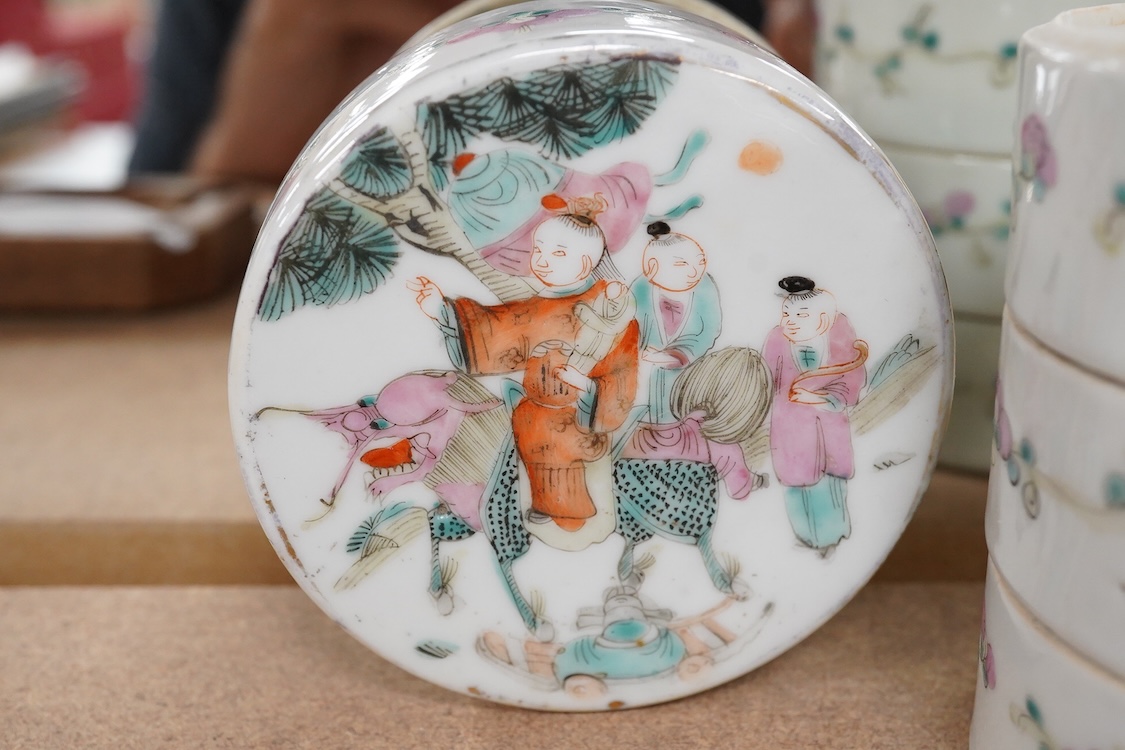 A Chinese famille rose cylindrical stacking box, c.1900, 11cm high